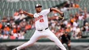 White shox vs Orioles starting pitcher for the Orioles #49 Albert Suarez